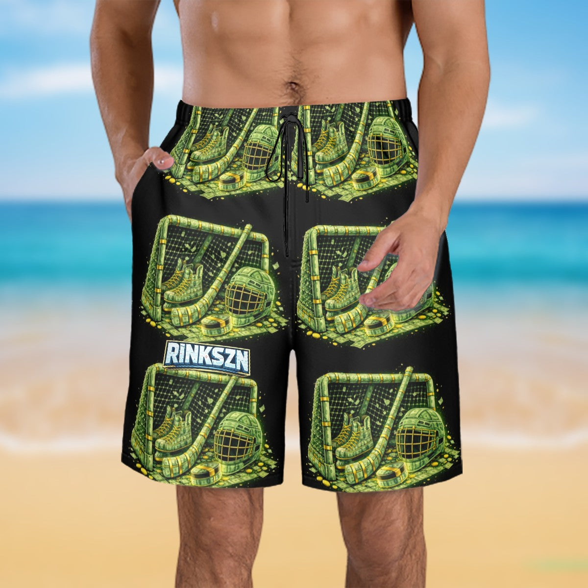 Young Teens and Men's RINKSZN HOCKEY PLAYER TALKS MONEY Beach Shorts