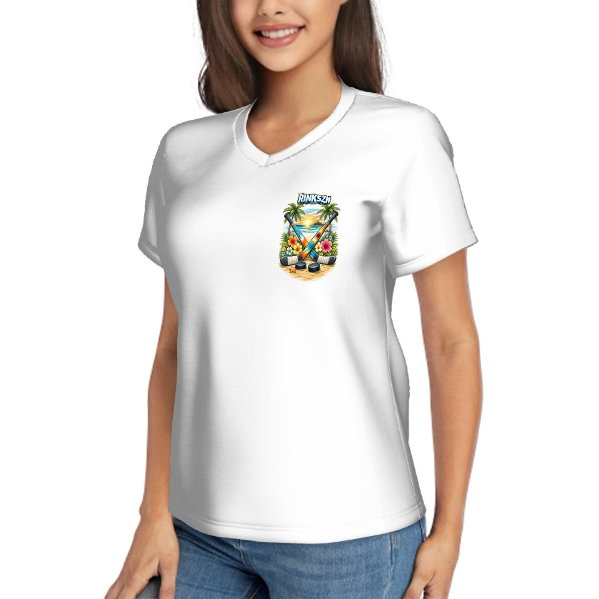 Young Teen’s and Women's V-Neck RINKSZN ALOHA HOCKEY T-SHIRT
